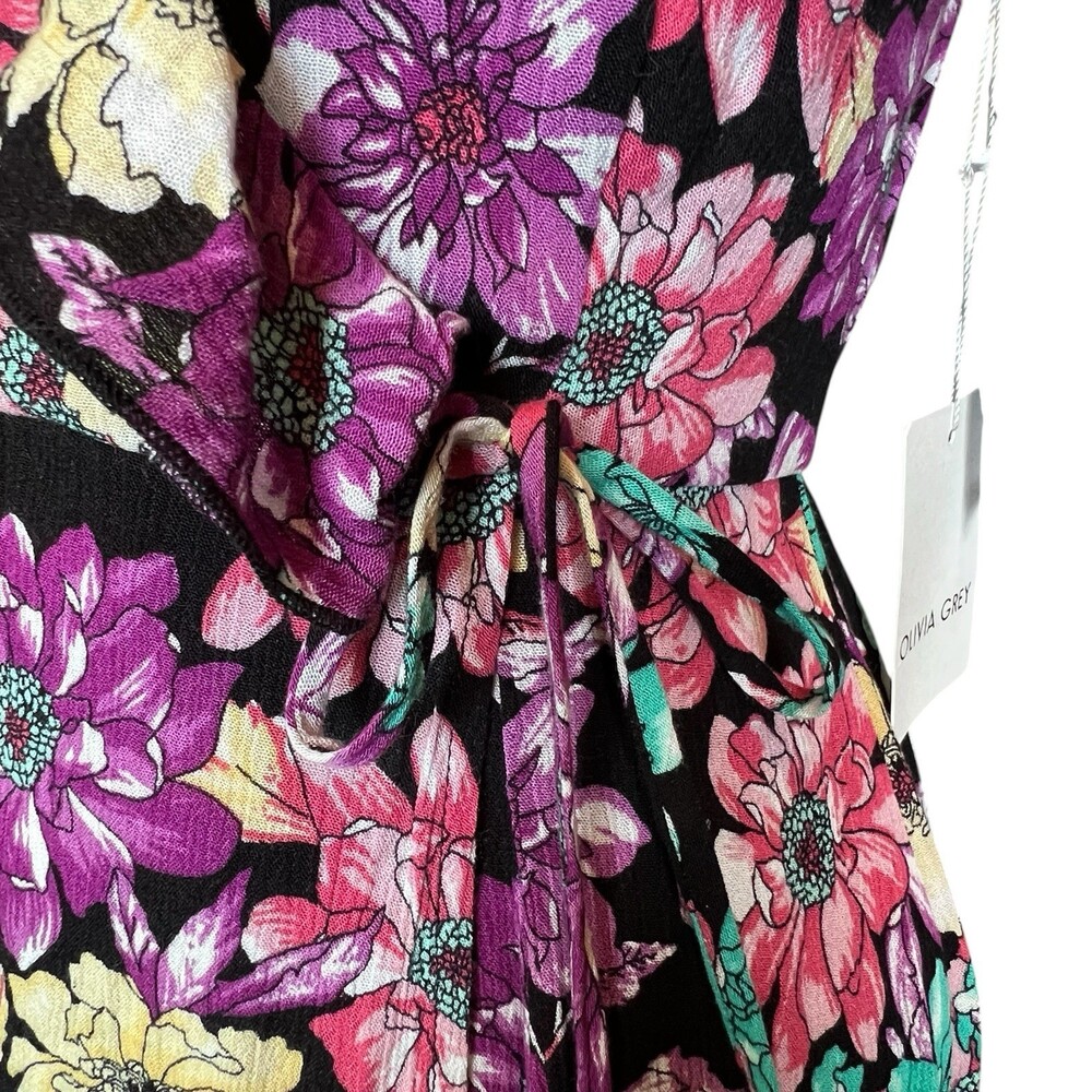 NWT Olivia Grey Floral Maxi Wrap Dress Small Black Pink Purple Ruffle Sleeveless - Picture 3 of 14